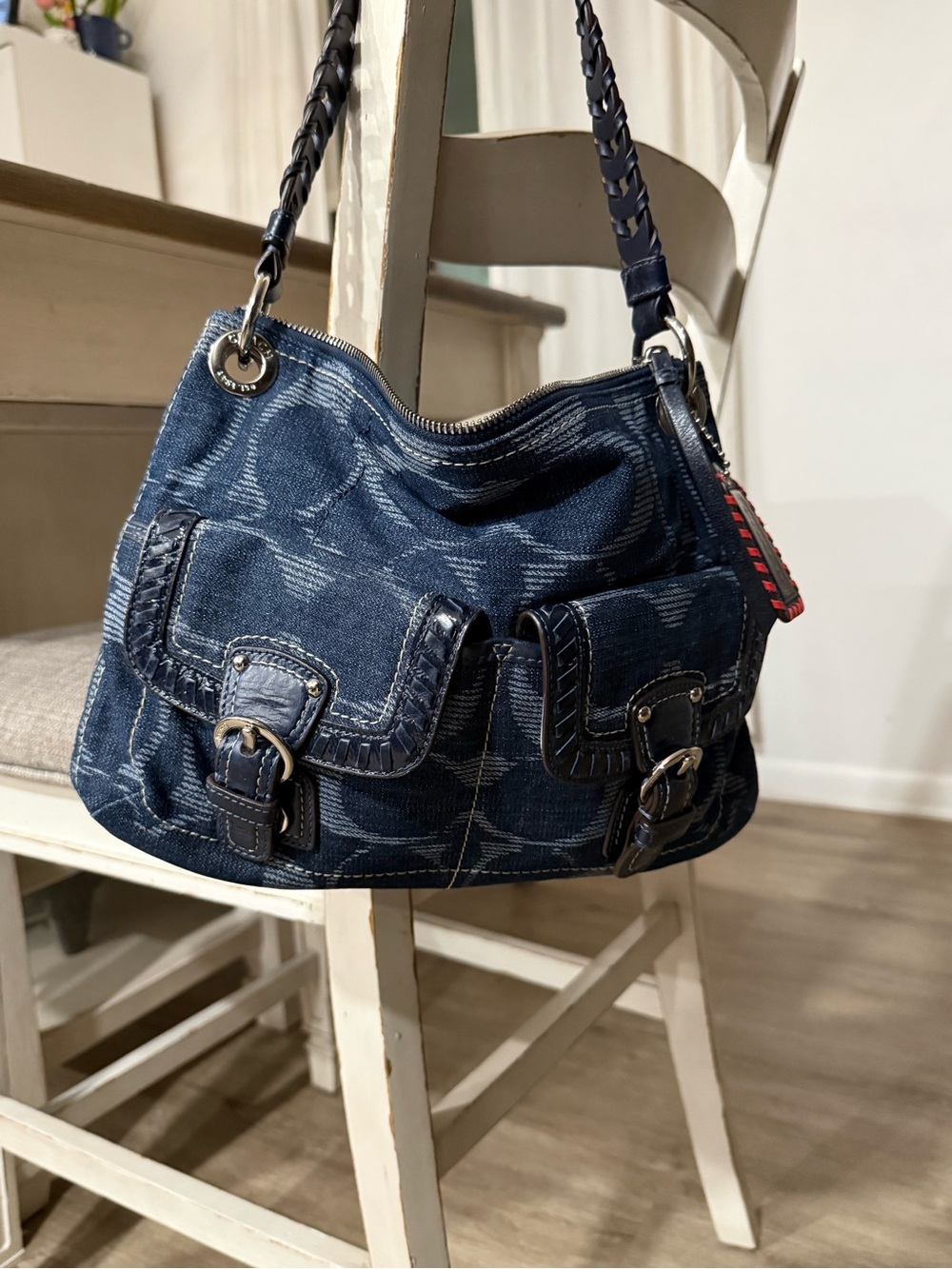 Coach Dark Blue Denim Shoulder Bag with Braided Strap